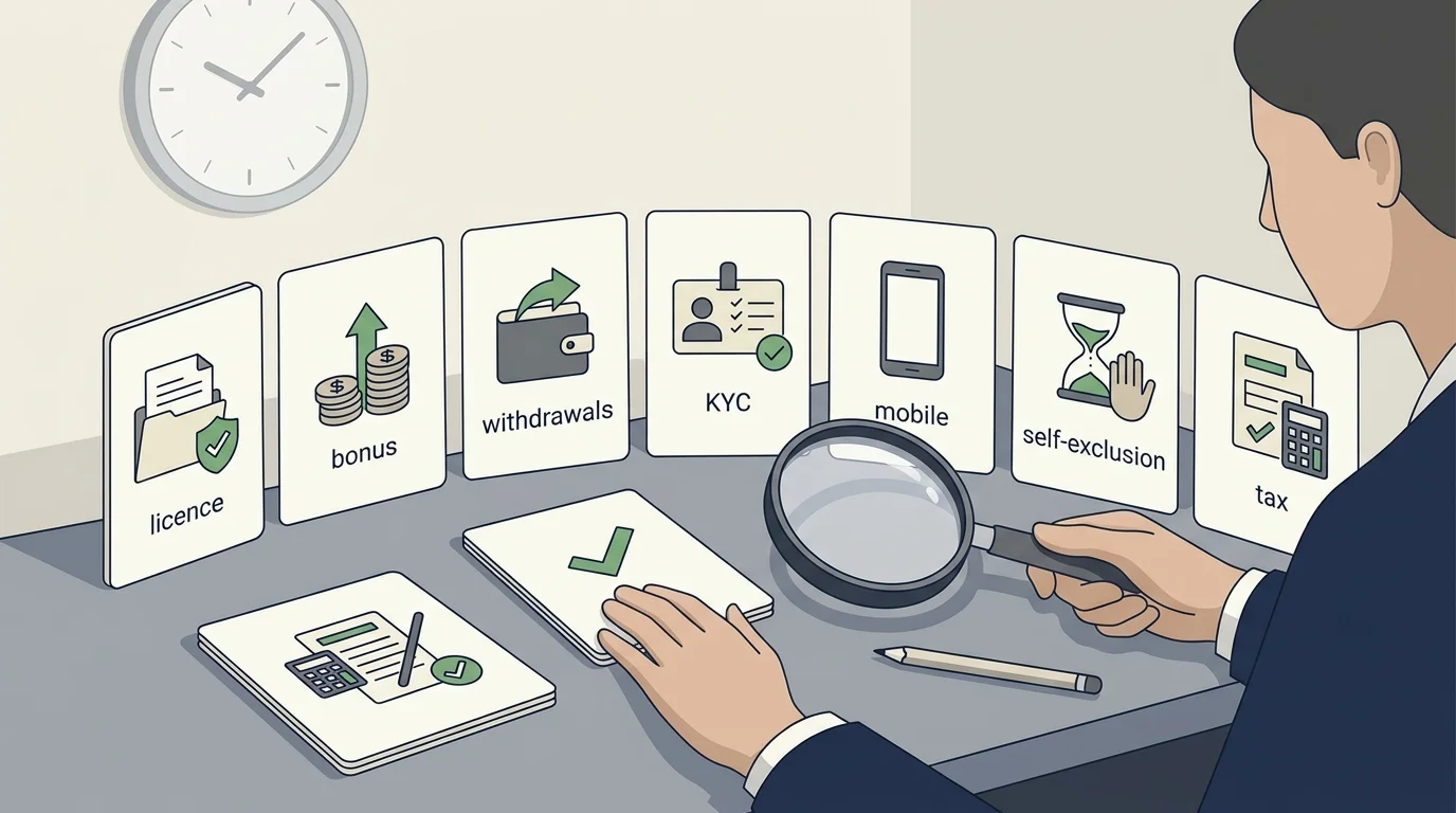 Editorial checklist cards for licence, bonus, withdrawals, KYC, mobile, GAMSTOP and tax checks
