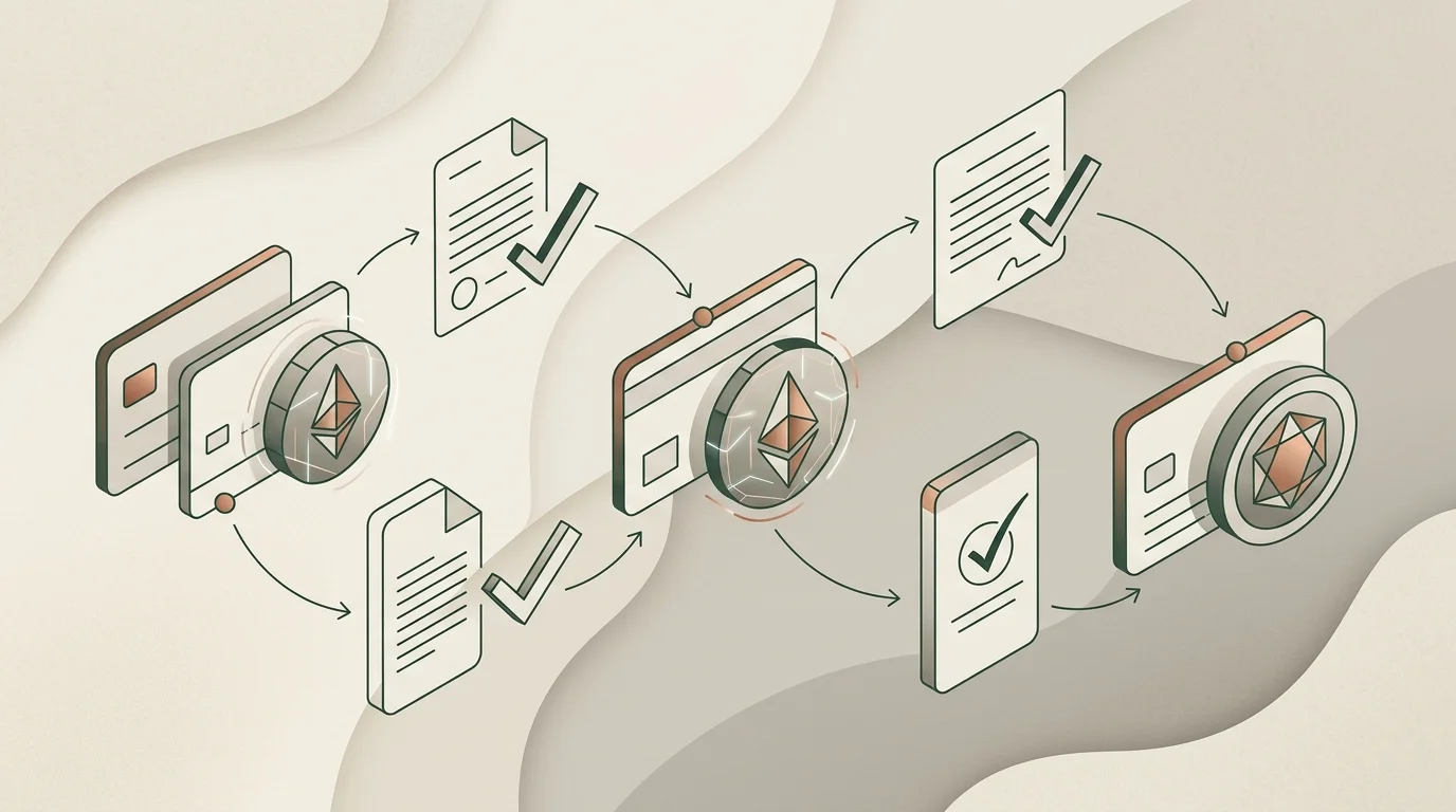 Abstract payment flow with cards, crypto shapes and identity-check steps