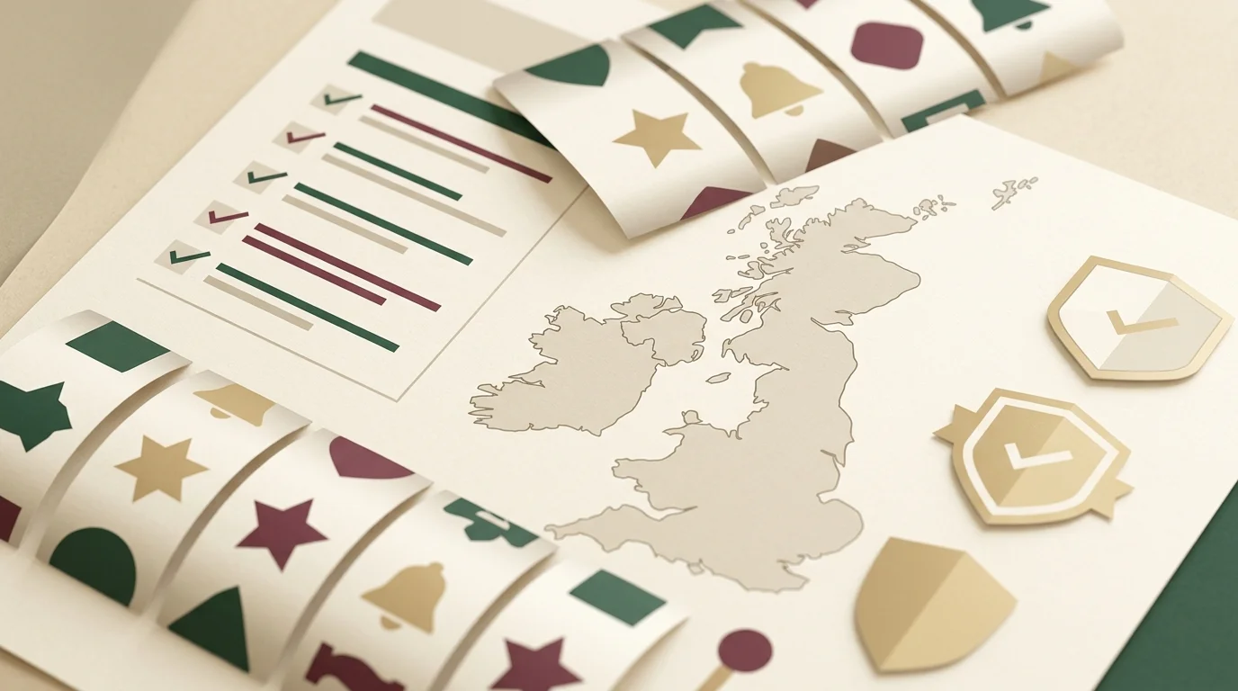 UK casino review desk with checklist and abstract slot symbols