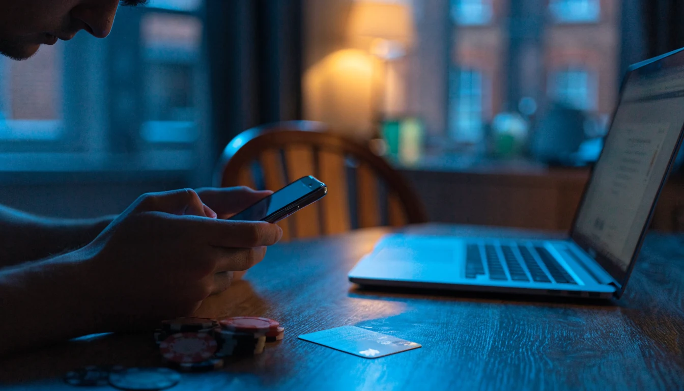 Player checking payment options on smartphone at a desk with casino chips and bank card