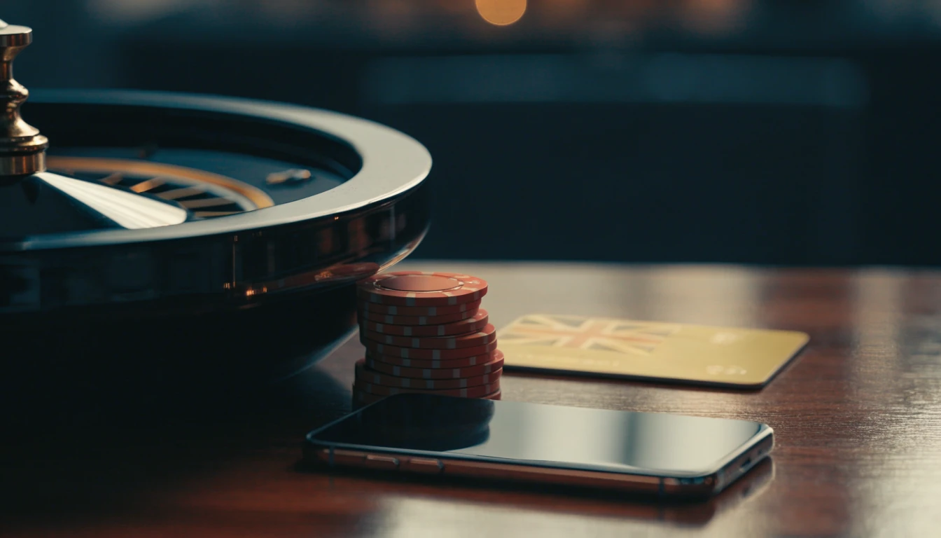 Casino chips, a roulette wheel, a face-down smartphone, and a bank card on a wooden table