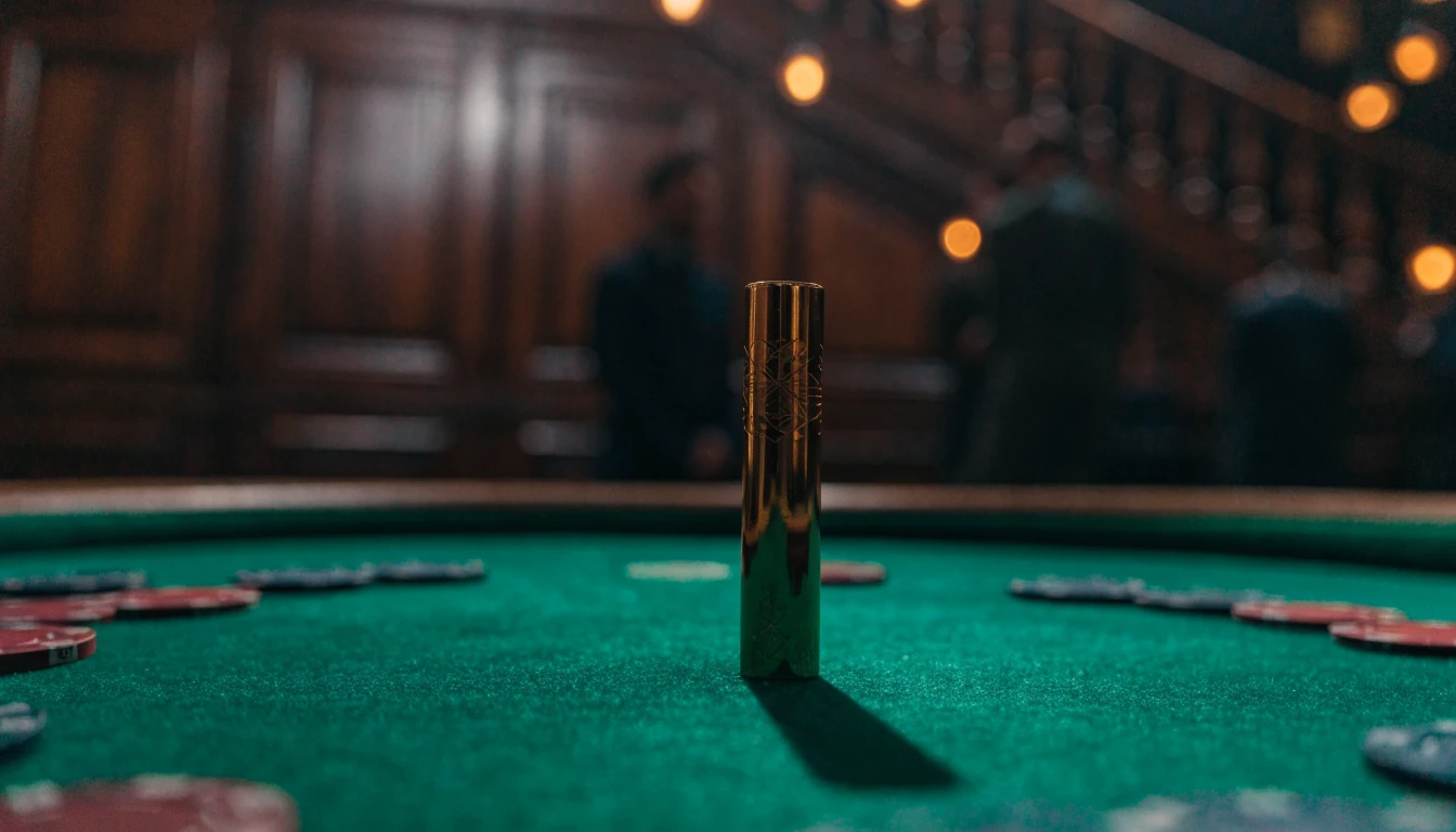 Gold cryptocurrency token on green casino table with chips and warm bokeh lights