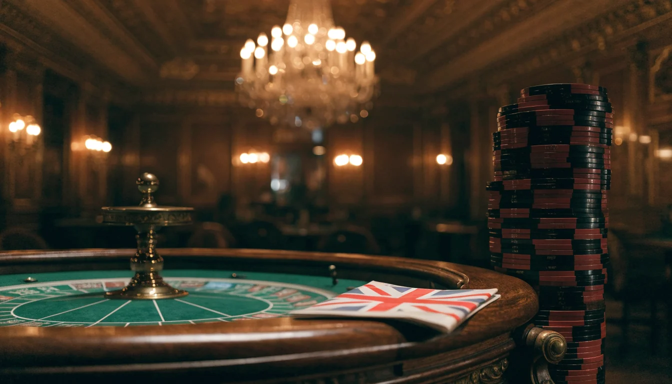 British casino lounge with roulette table and chips under warm lighting